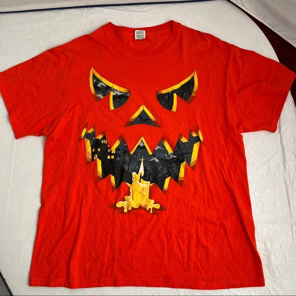 Jerzees Halloween orange and black pumpkin short sleeve t-shirt